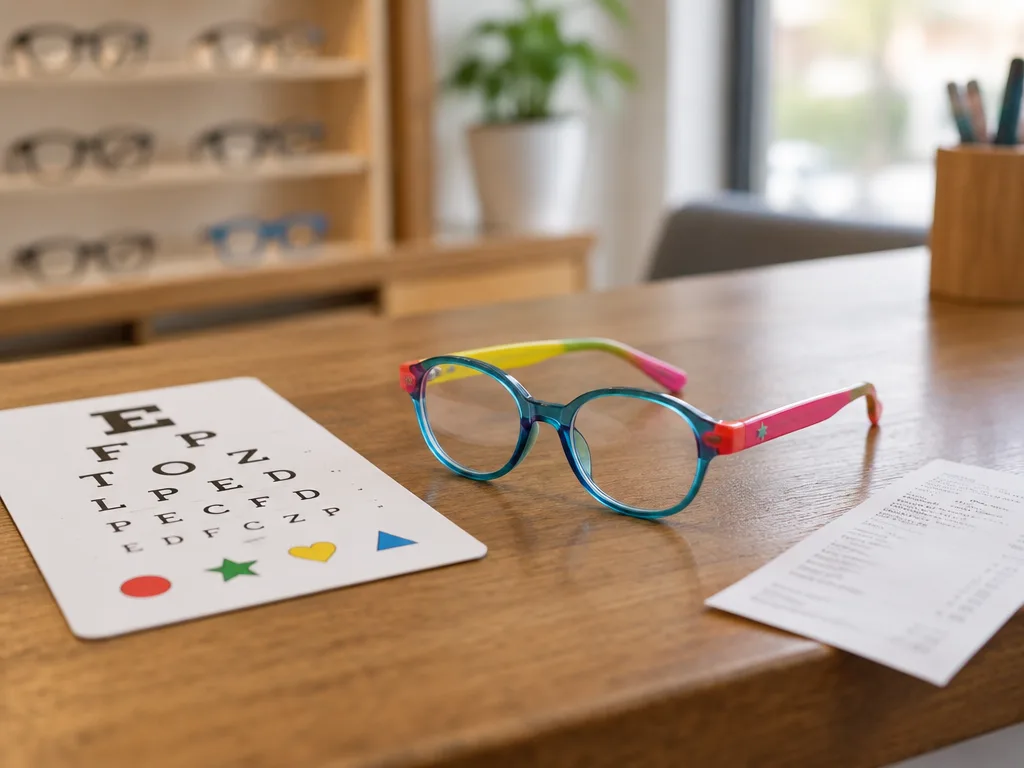 Färgglada barnglasögon på en disk hos optikern bredvid en syntavla och ett kvitto