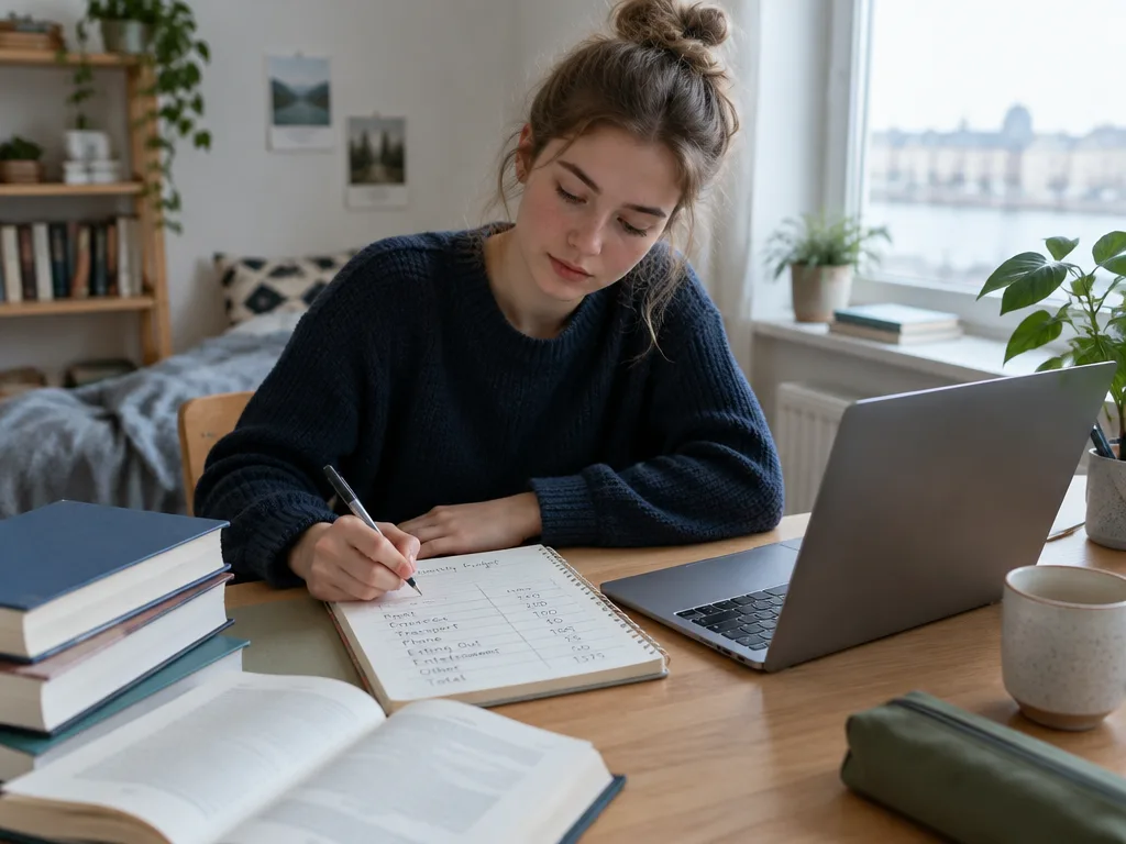 Student som pluggar vid ett skrivbord med kursböcker, laptop och en enkel månadsbudget i ett anteckningsblock