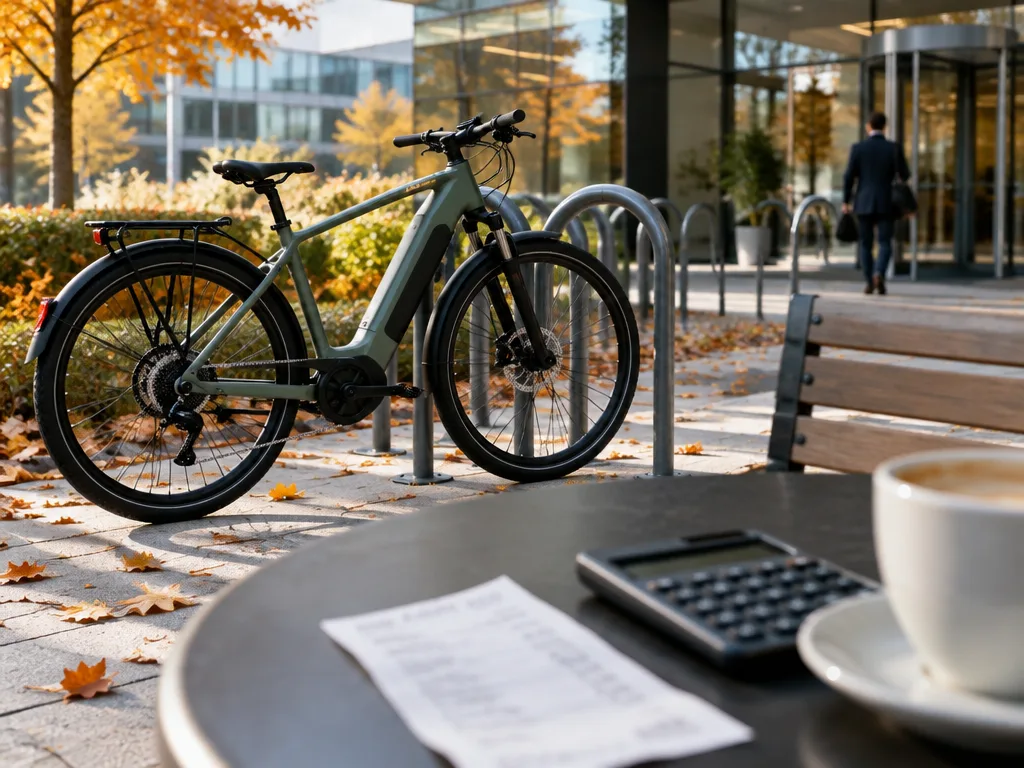 Grön elcykel parkerad vid ett cykelställ utanför ett kontor en höstmorgon, med kvitto och miniräknare på ett kafébord