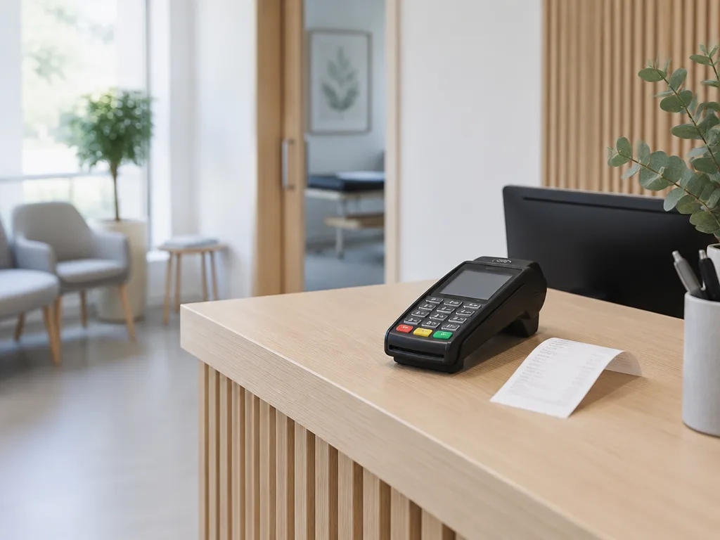 Kortterminal och kvitto på receptionsdisken i en ljus vårdcentral