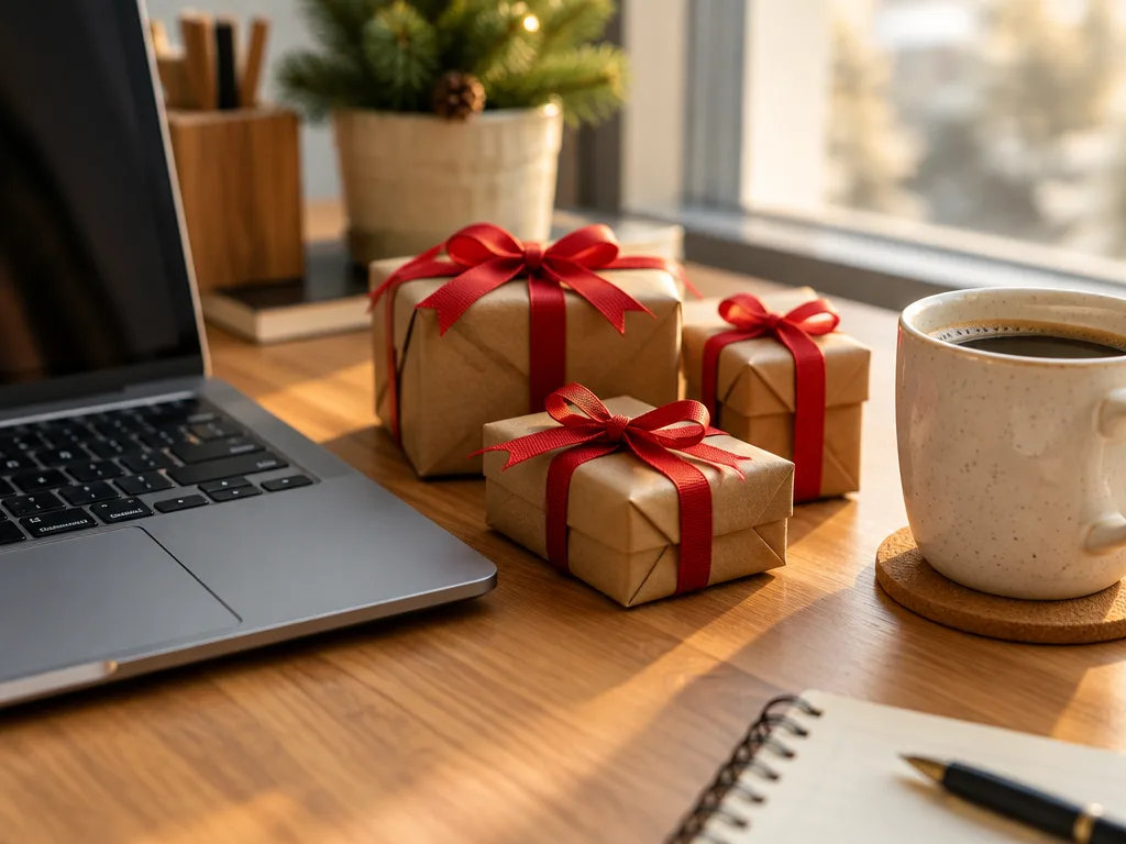 Små julklappar inslagna i kraftpapper med rött band på ett skrivbord bredvid en laptop och en kaffekopp