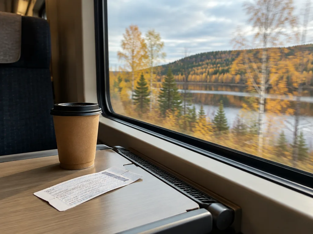 Tågbiljett och kaffemugg på fällbordet vid ett tågfönster med höstskog och sjö utanför