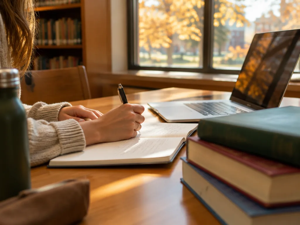 Kvinna skriver i ett anteckningsblock vid ett biblioteksbord med studieböcker och en bärbar dator i höstljus
